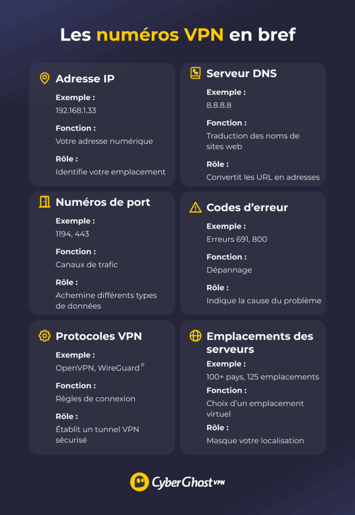 Guide de référence présentant six différents types de données numériques liées aux VPN : adresses IP, numéros de port, protocoles, emplacements de serveurs, serveurs DNS et codes d’erreur.