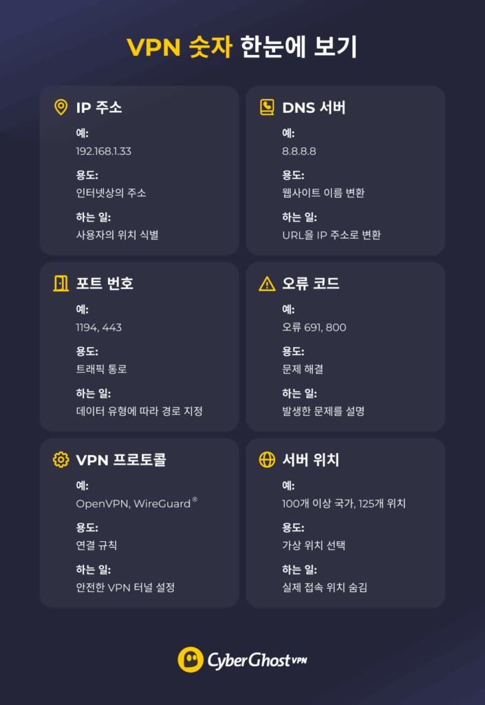 IP 주소, 포트 번호, 프로토콜, 서버 위치, DNS 서버, 오류 코드 등 VPN과 관련된 여섯 가지 숫자 정보를 정리한 참고 이미지.