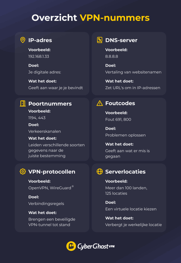 Overzicht met zes verschillende soorten VPN-nummers: IP-adressen, poortnummers, protocollen, serverlocaties, DNS-servers en foutcodes.