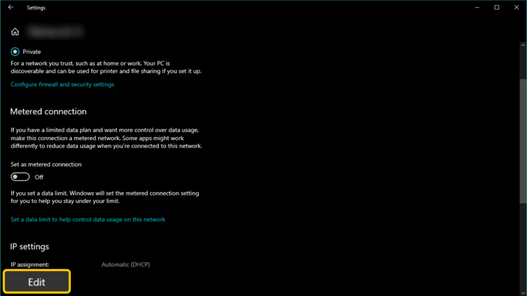 A screenshot showing the properties of the currently active home network, including its IP assignment settings.