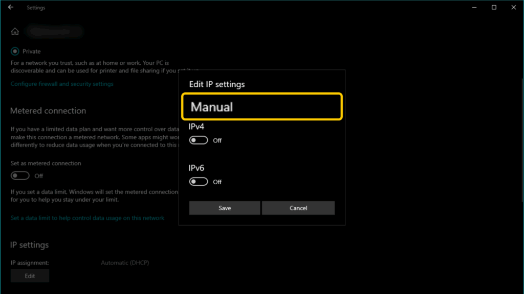 A screenshot showing a prompt to change the IP assignment settings for IPv4 and IPv6 to "Manual."