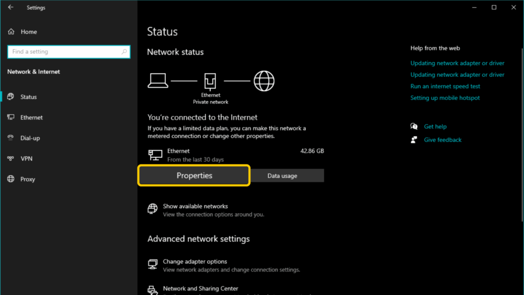 A screenshot of the "Network & internet" page in the Windows 10 Settings app.
