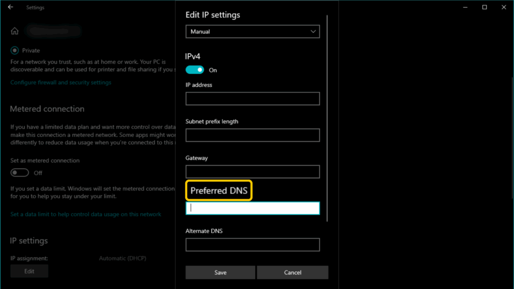 A screenshot showing the dialog where users can input a custom DNS address to block inappropriate content.